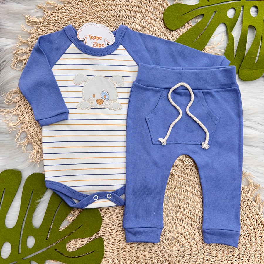 Body Longo e Calça Cãozinho Ursinho Listrado - Azul Bic